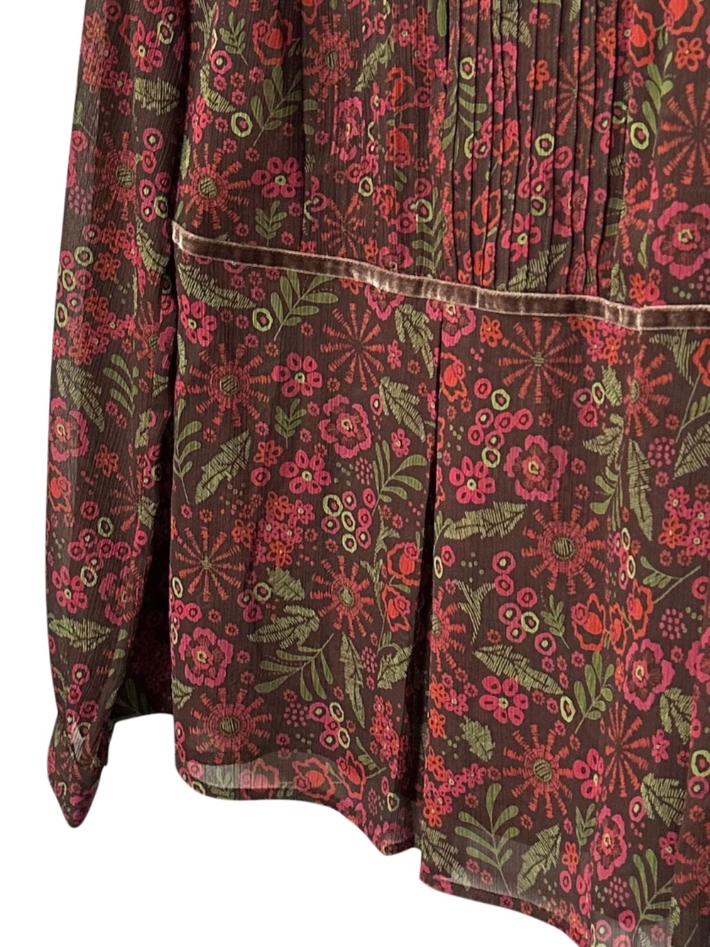 Apt 9 Floral Sheer Blouse Velvet Trim Pintuck Long Sleeve Brown Pink L - Picture 6 of 11